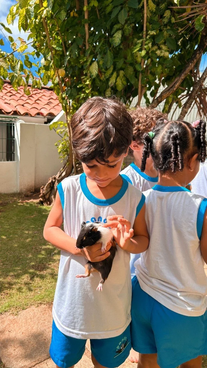 Crianças em contato com animal na área verde
